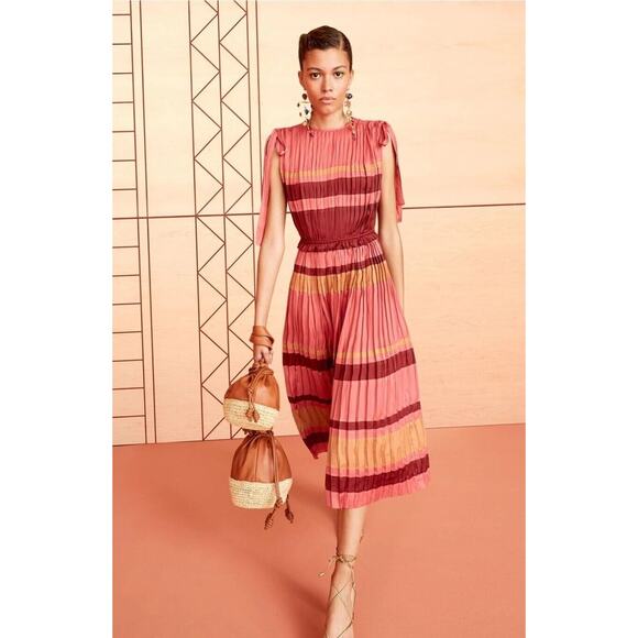 $878 Ulla Johnson - Alessa Dress in CeriseStriped Pleated Plissé Midi Sz 2 - Picture 1 of 16